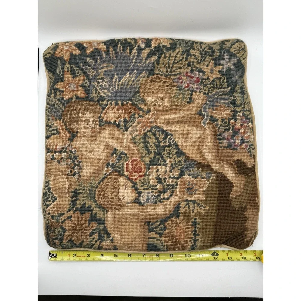 Vintage Needlepoint Pillow Floral Cherub Angel Wool and Velvet Zipper 15.5X 15.5